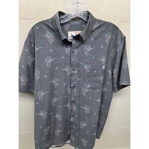 Huk Fishing Shirt Mens M Gray Marlin Print Short‎ Sleeve Button Down Performance
